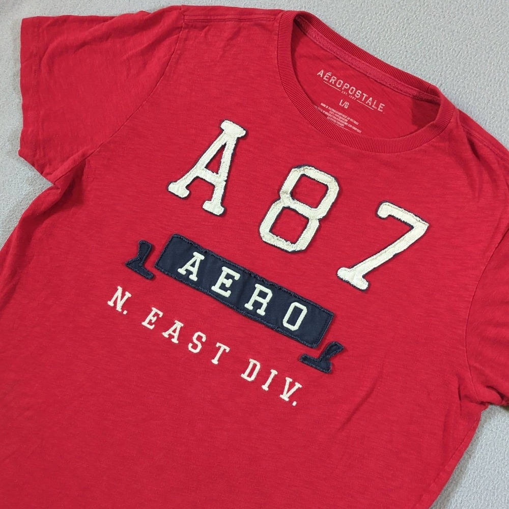 Aeropostale Graphic T-Shirt Mens Large Red A87 Aero N. East Div Short Sleeve